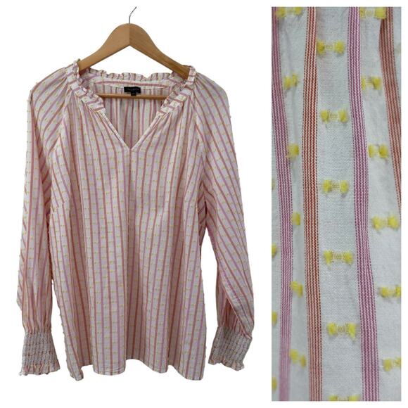 Talbots Jacquard Stripe Smocked Cuff Swiss Dot Blouse Size L Pink Yellow Cottage - Picture 2 of 9